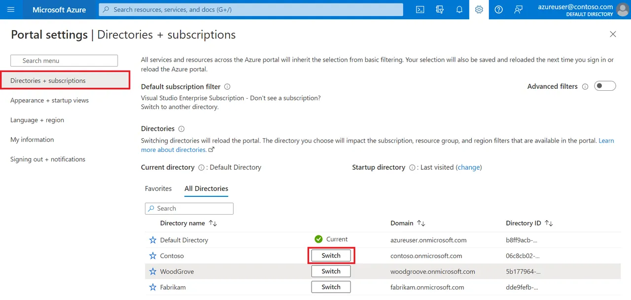 Azure Portal settings