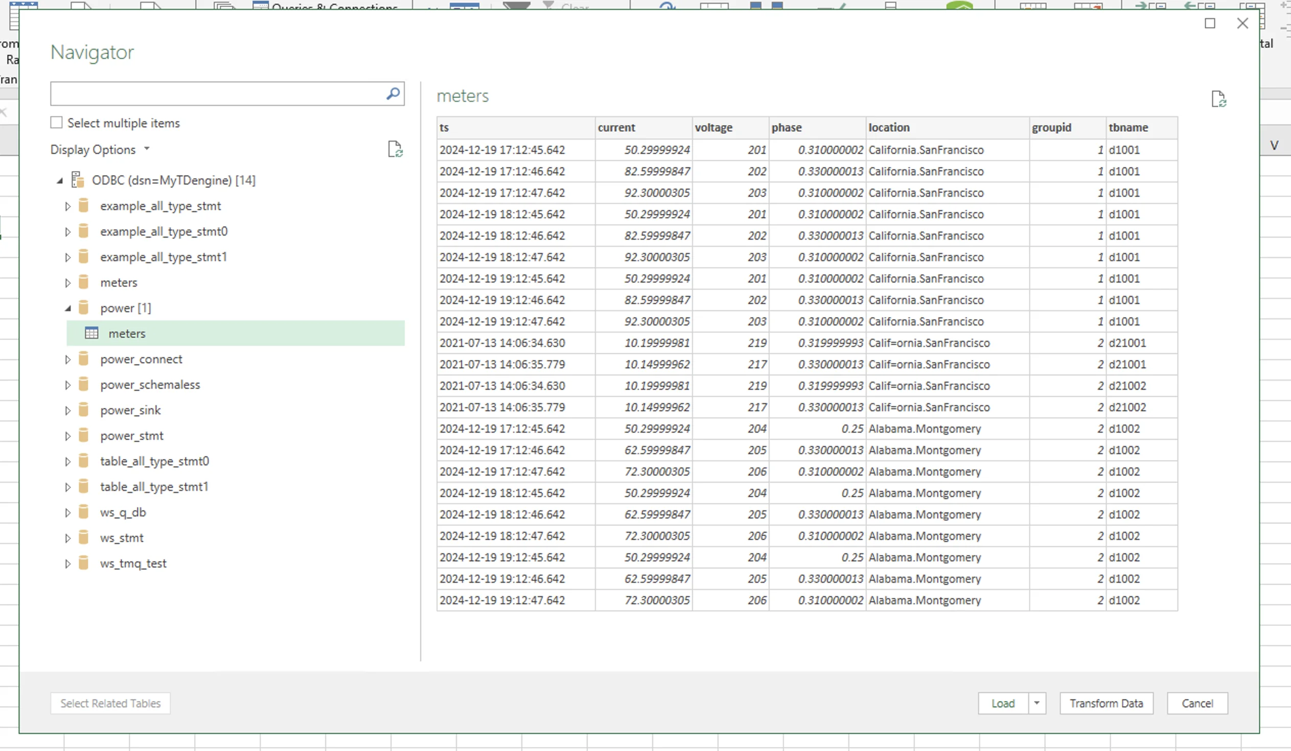 Select tables to load