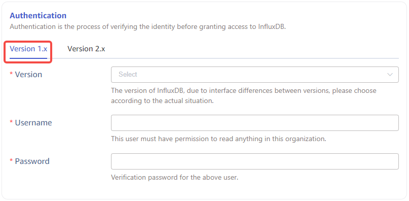 Configure authentication information for InfluxDB 1.x
