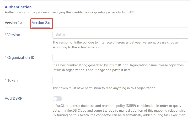 Configure authentication information for InfluxDB 2.x