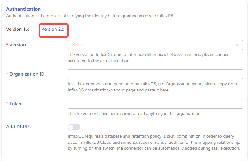 Configure authentication information for InfluxDB 2.x