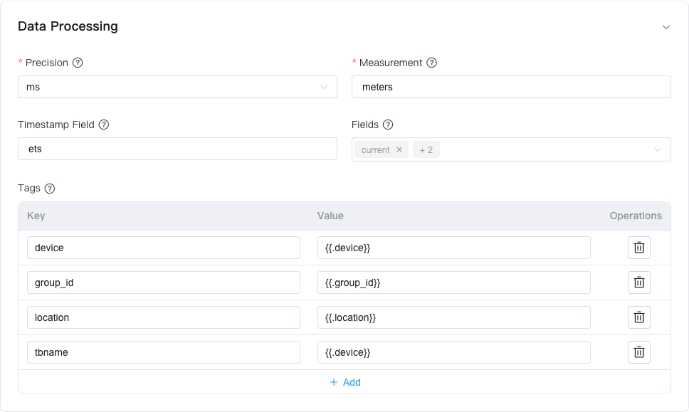 InfluxDB v1 measurement fields, device tags, and subtable mapping