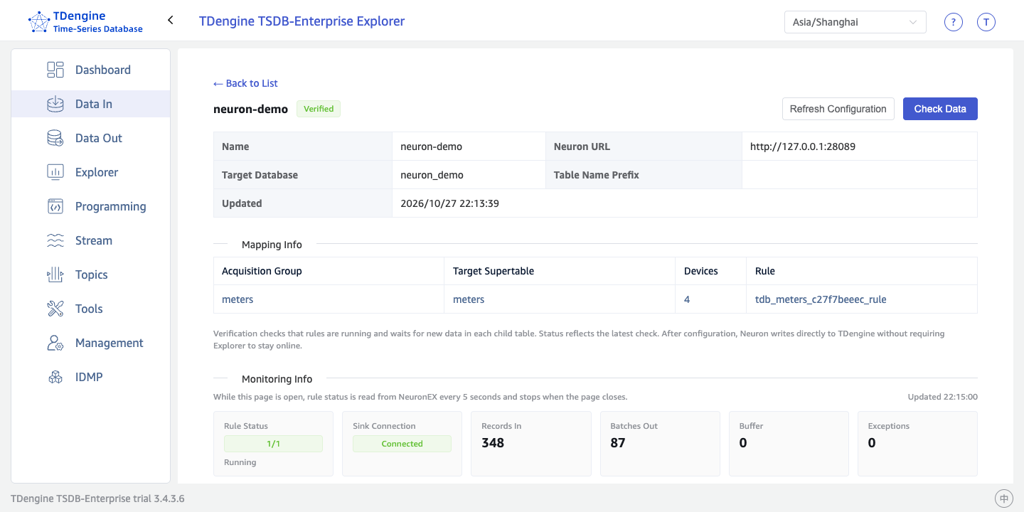 NeuronEX integration created automatically in taosExplorer