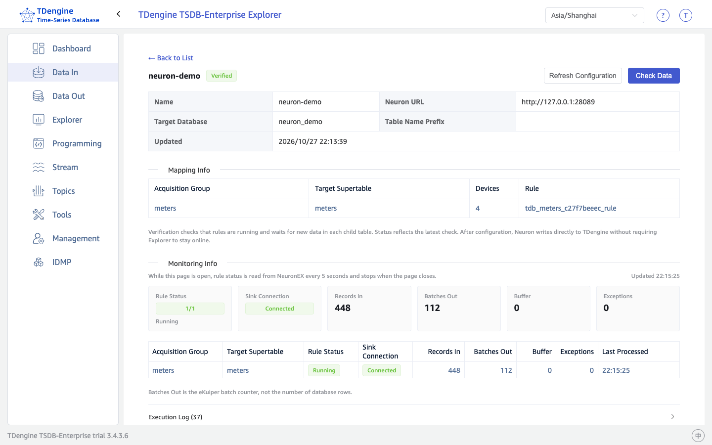 Neuron monitoring information in taosExplorer
